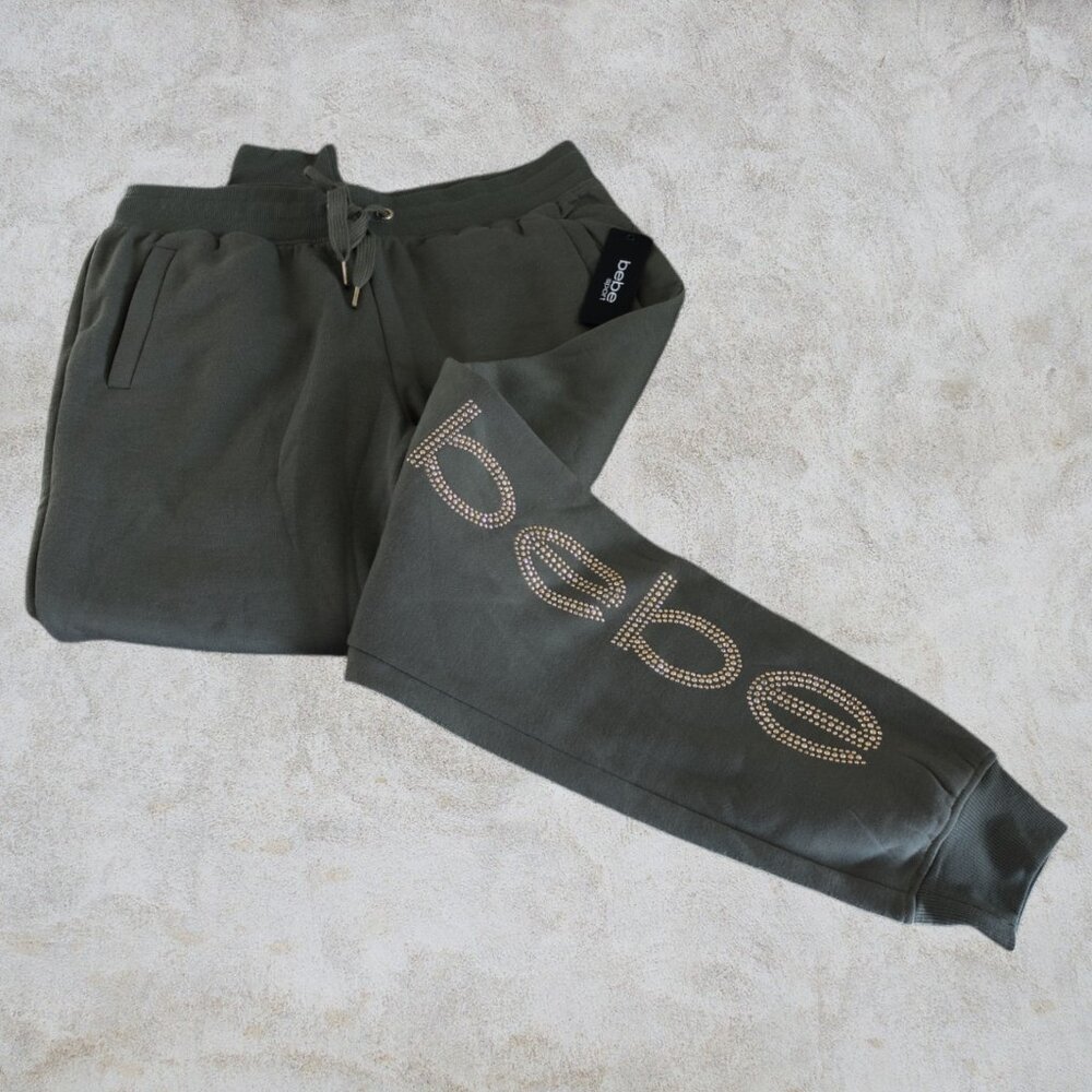 Bebe Sport NWT Olive Green Ladies Joggers with Gold Rhinestone Embellishment